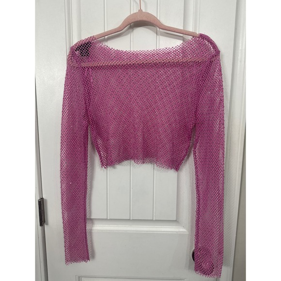 Sincerely Jules Tops - Pink Rhinestone Fishnet Mesh Crop Top Long Sleeve Medium Festival Rave  Retro